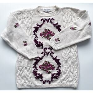 Vintage Hand Knit Floral Crewneck Sweater Cream and Pink Size Large